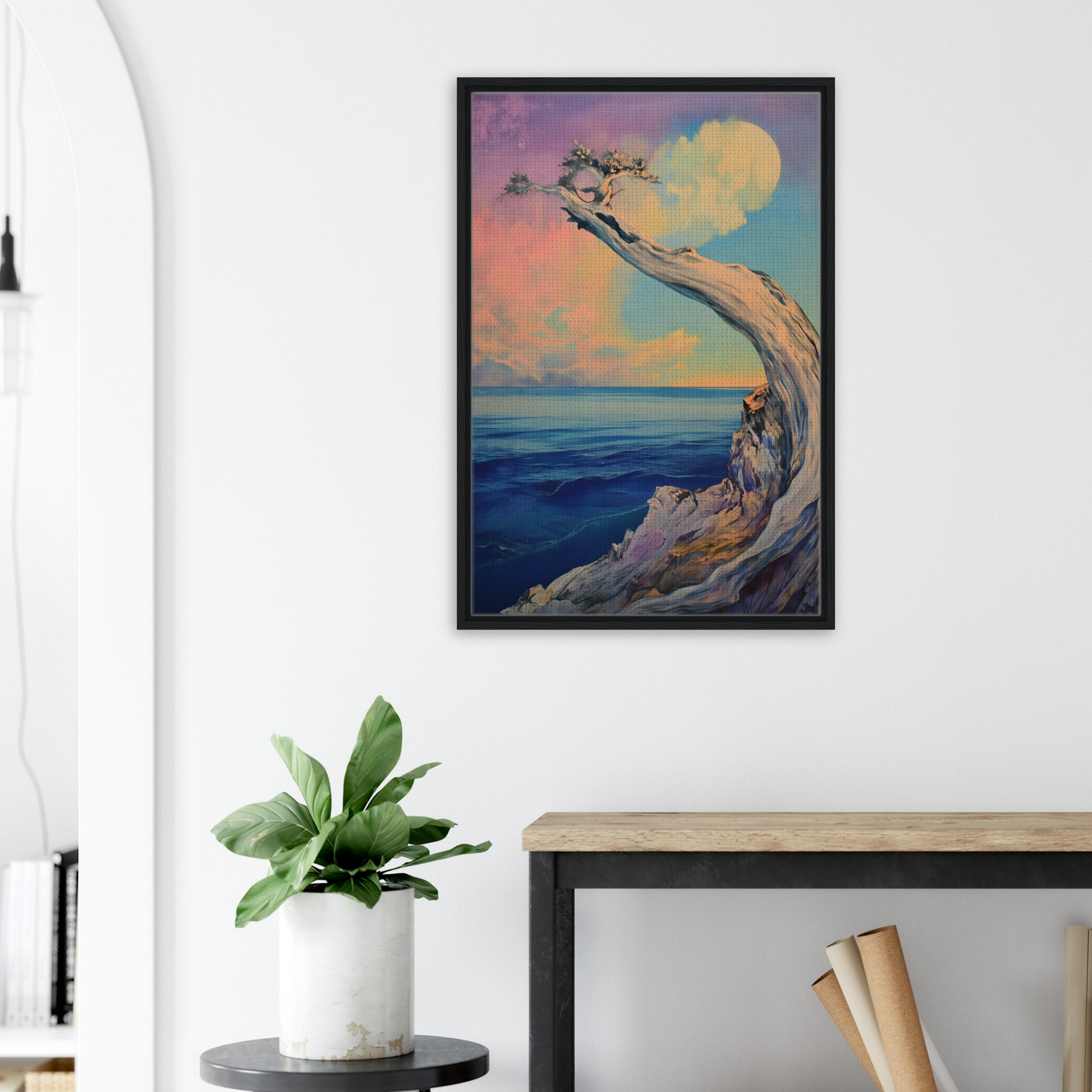 Framed painting of a gnarled tree and ocean at dusk for Oceanic Resilience Reverie room decor