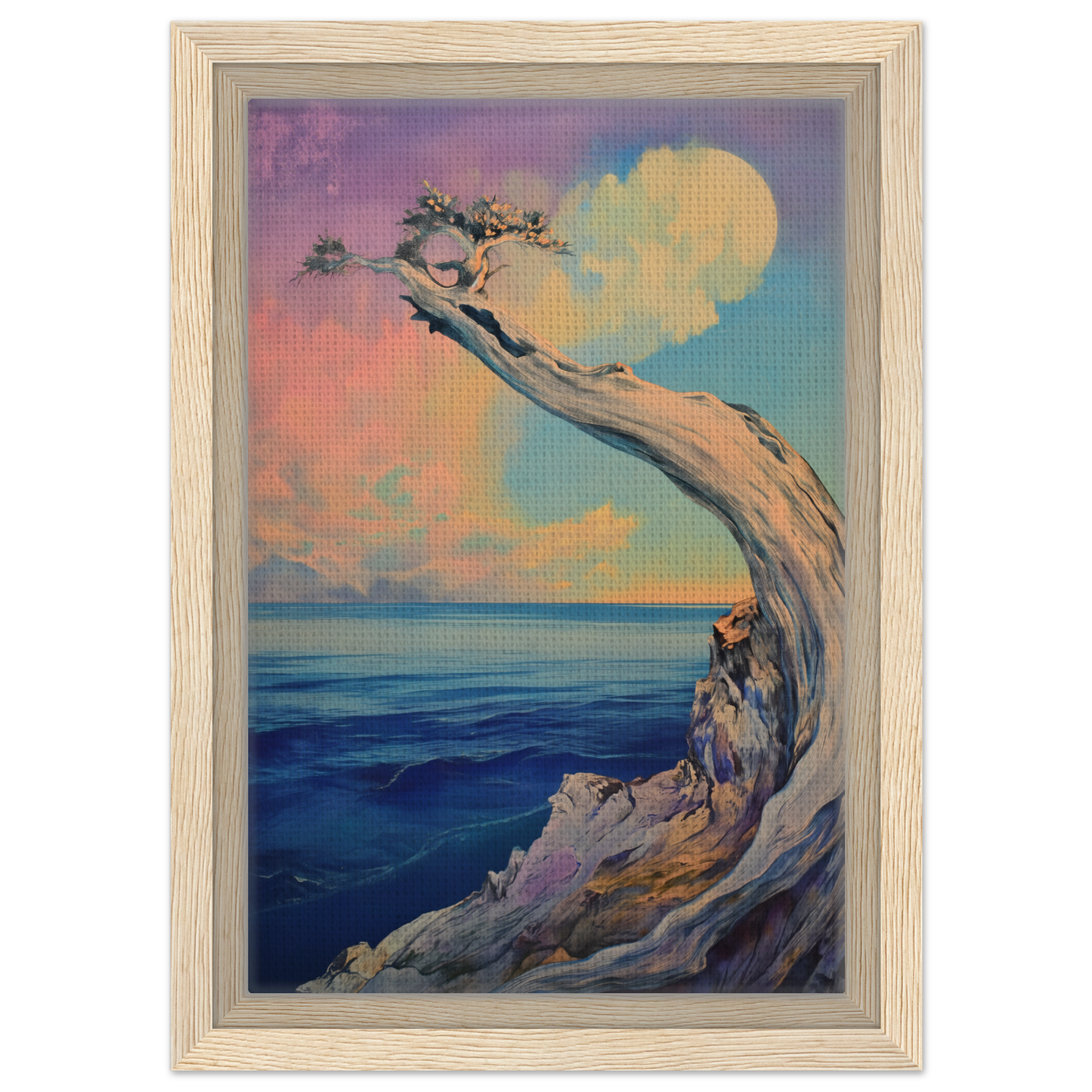 Gnarled tree bending over a coastal cliff at sunset, embodying Oceanic Resilience Reverie