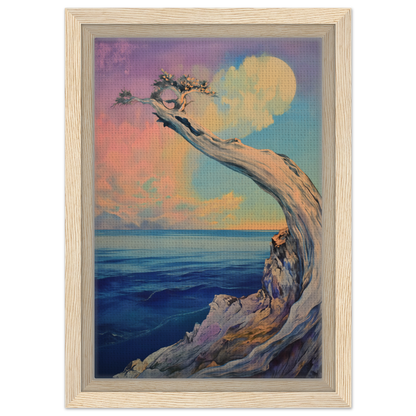 Gnarled tree bending over a coastal cliff at sunset, embodying Oceanic Resilience Reverie