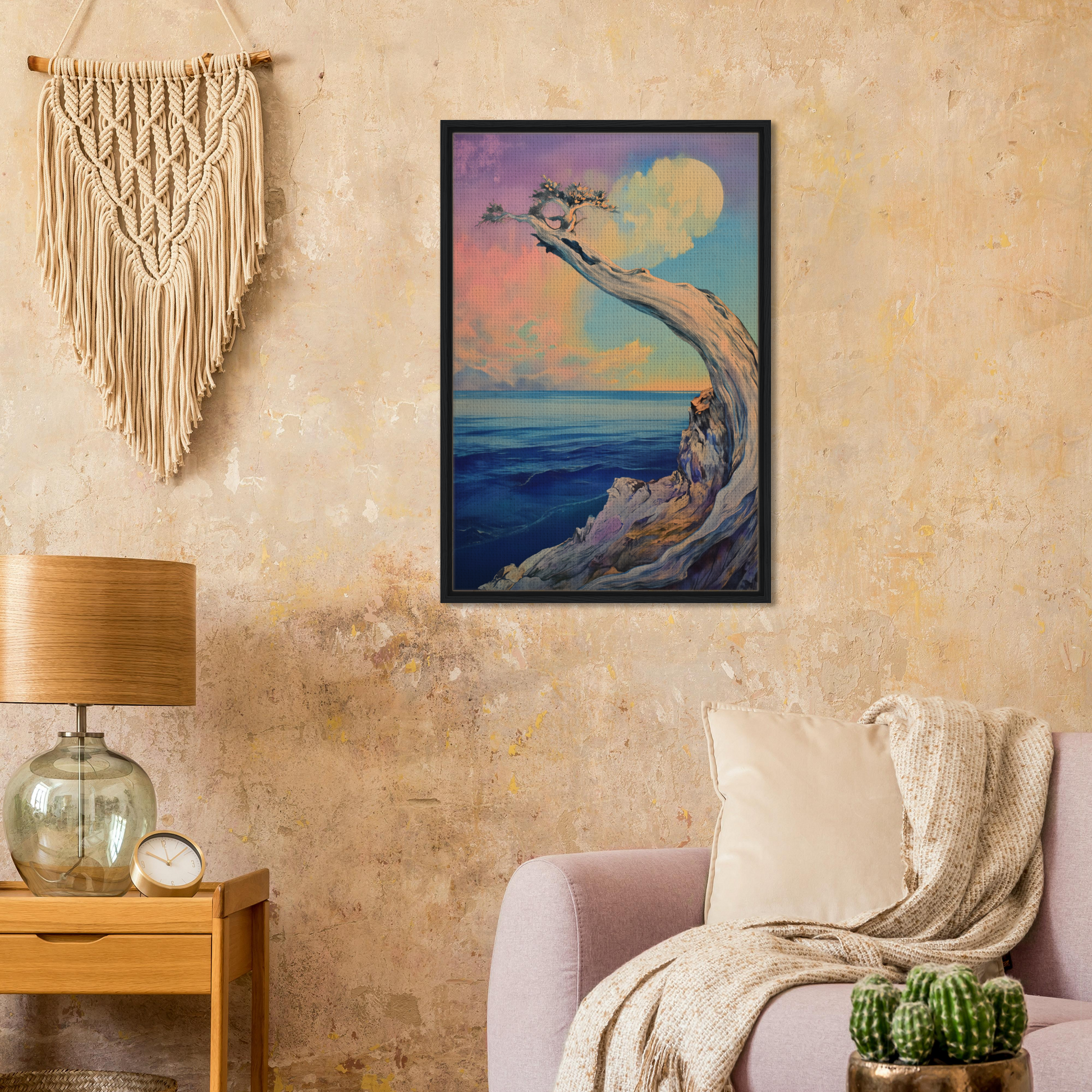 Framed painting of a wave with tree and colorful sky, ideal for Oceanic Resilience Reverie room decor