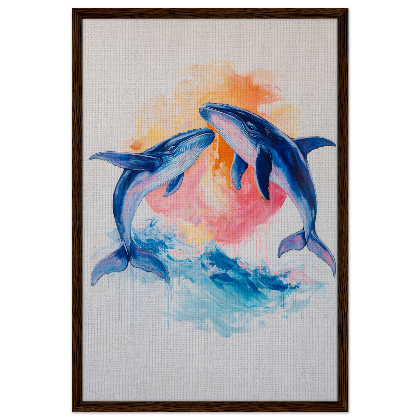 Painting of two blue dolphins leaping in water, perfect for Oceanic Whirl Sanctuary room decor