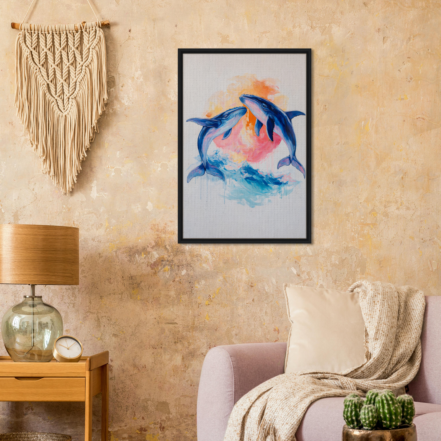 Framed watercolor dolphins leap in vibrant colors, perfect for Oceanic Whirl Sanctuary room decor