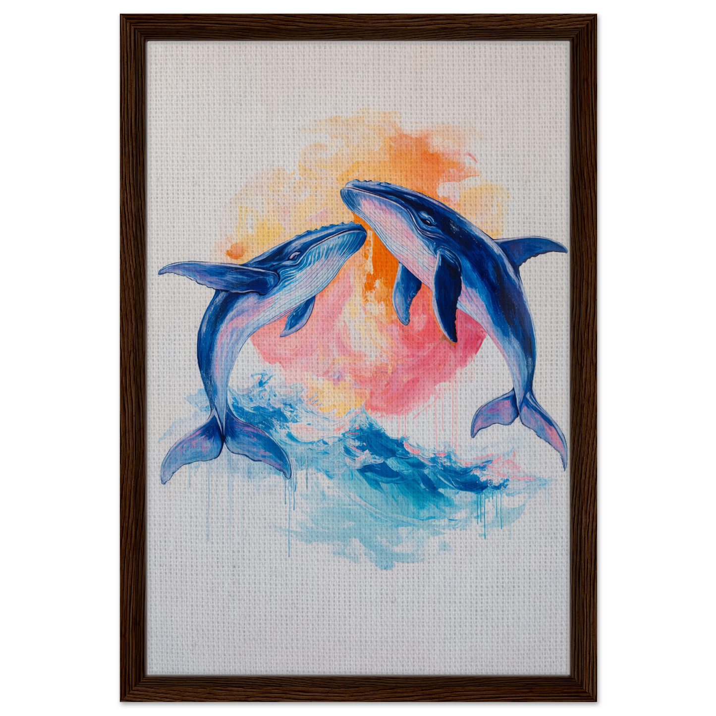 Painting of two blue dolphins leaping in Oceanic Whirl Sanctuary room decor