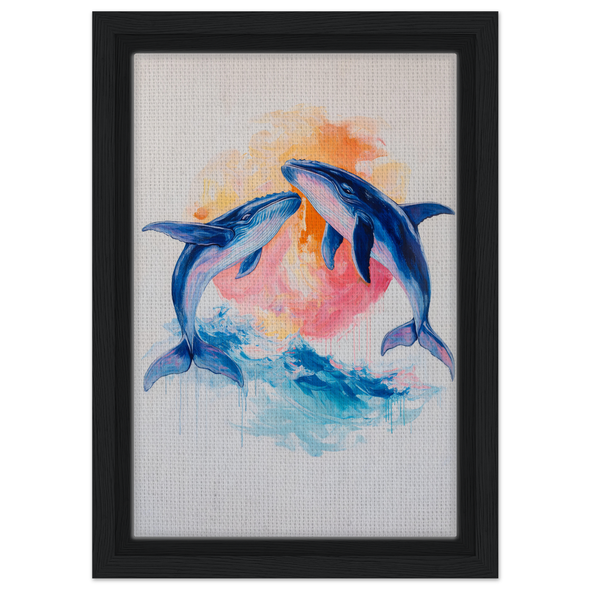 Colorful painting of blue dolphins in Oceanic Whirl Sanctuary room decor