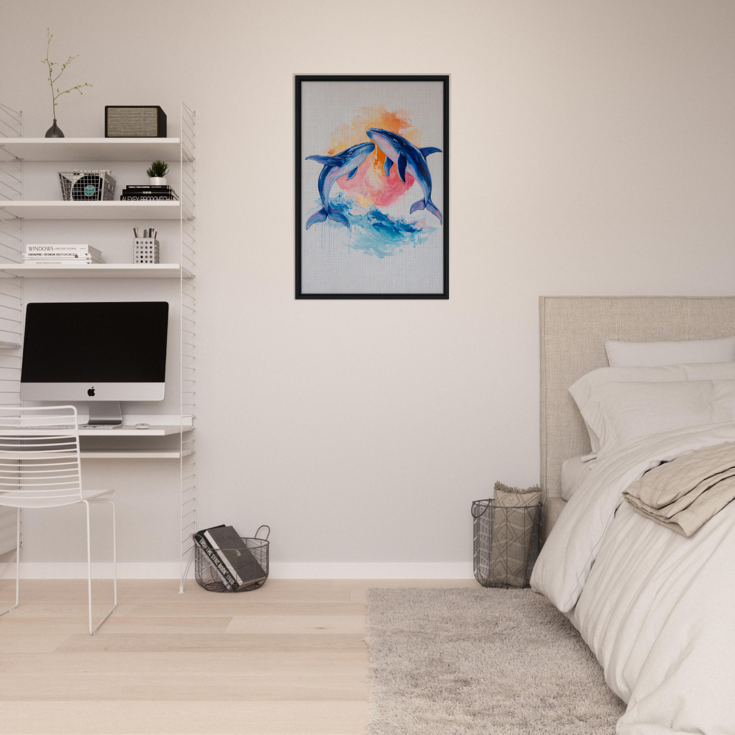 Framed watercolor painting of dolphins at sunset for Oceanic Whirl Sanctuary room decor