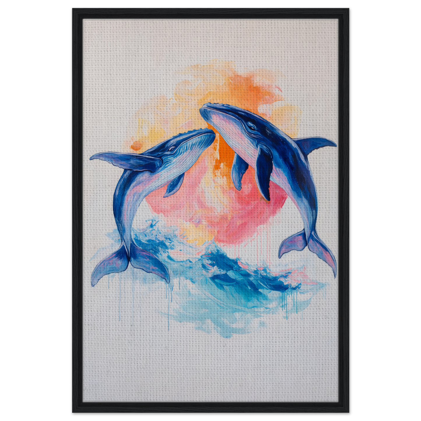 Painting of two blue dolphins leaping in colorful water for Oceanic Whirl Sanctuary decor