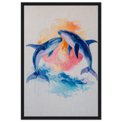 Painting of two blue dolphins leaping in colorful water for Oceanic Whirl Sanctuary decor