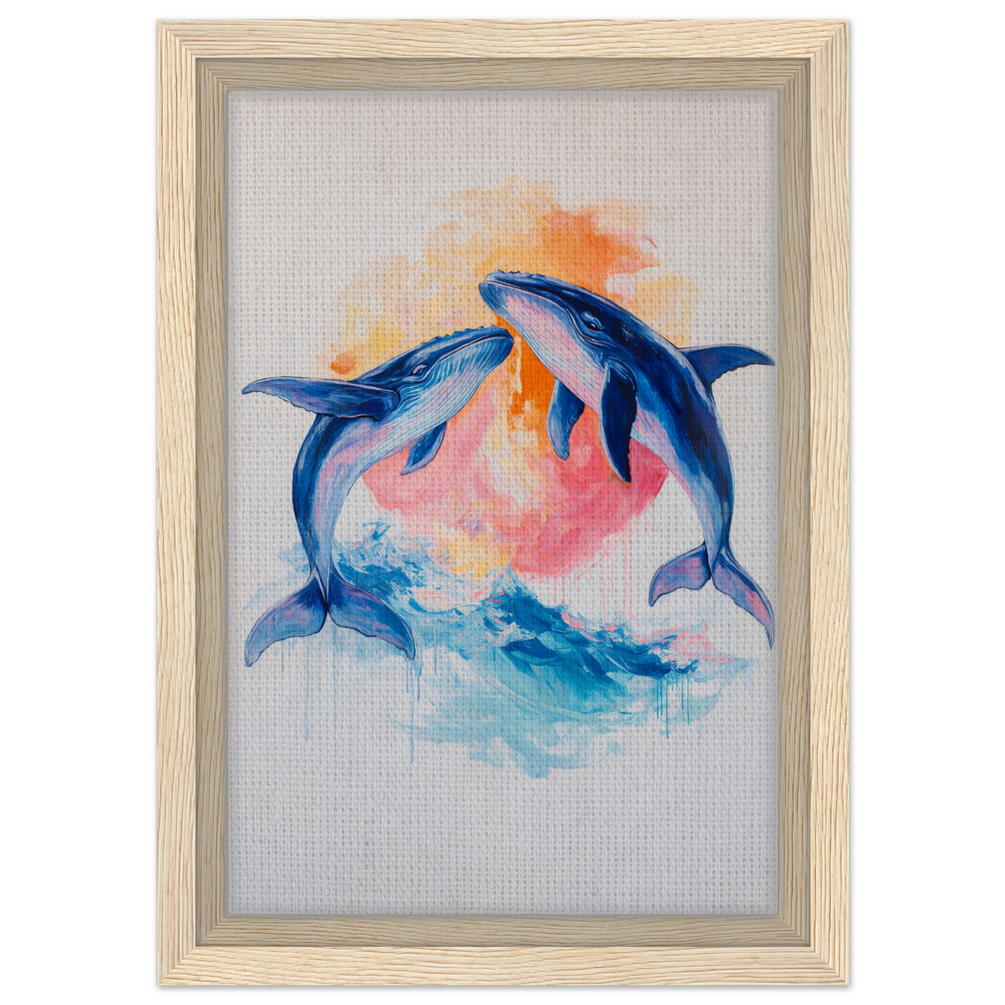 Watercolor painting of two blue dolphins in Oceanic Whirl Sanctuary framed canvas print