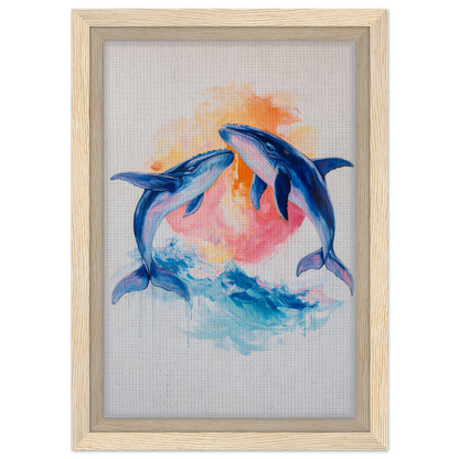 Watercolor painting of two blue dolphins in Oceanic Whirl Sanctuary framed canvas print