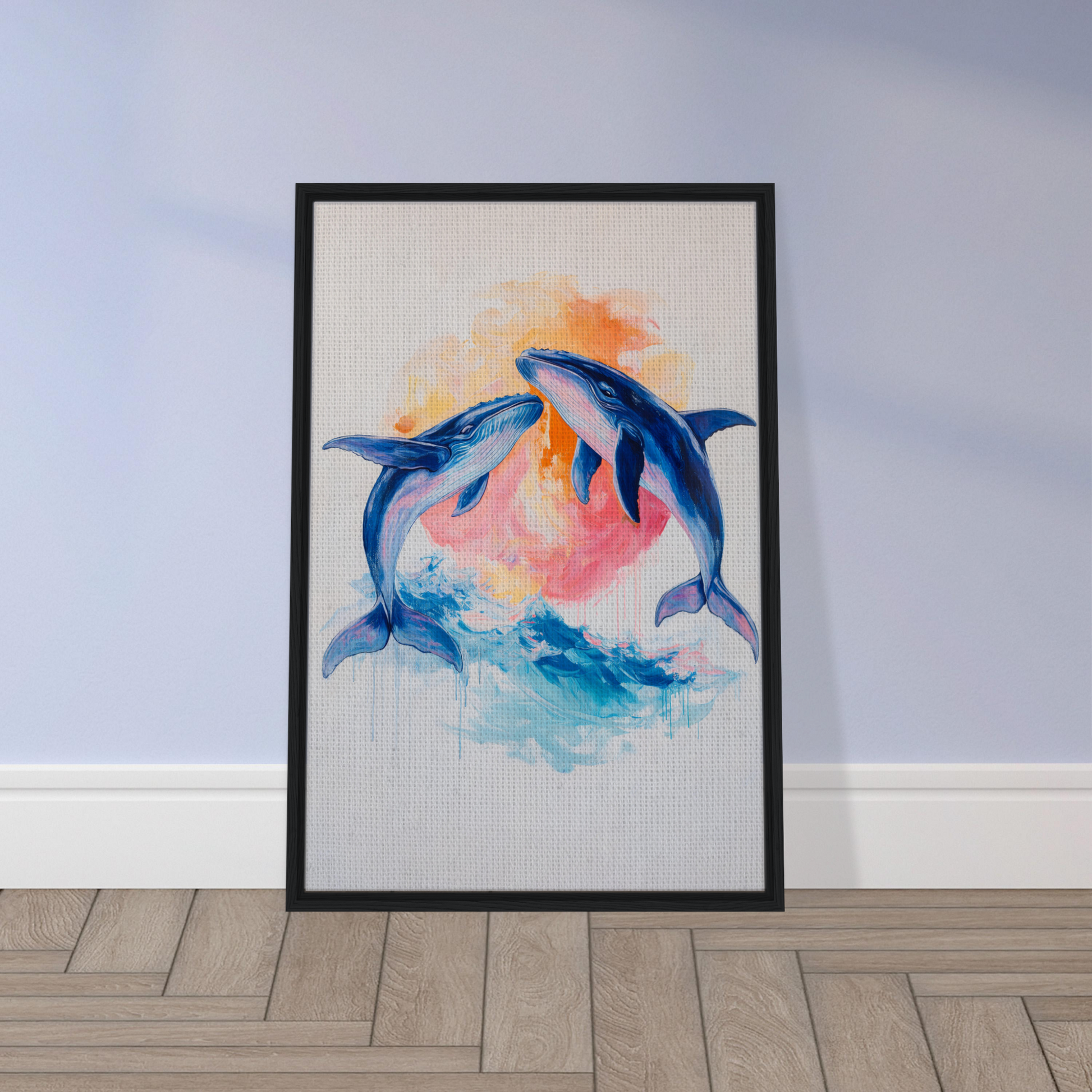 Framed canvas print of blue dolphins leaping in the Oceanic Whirl Sanctuary design