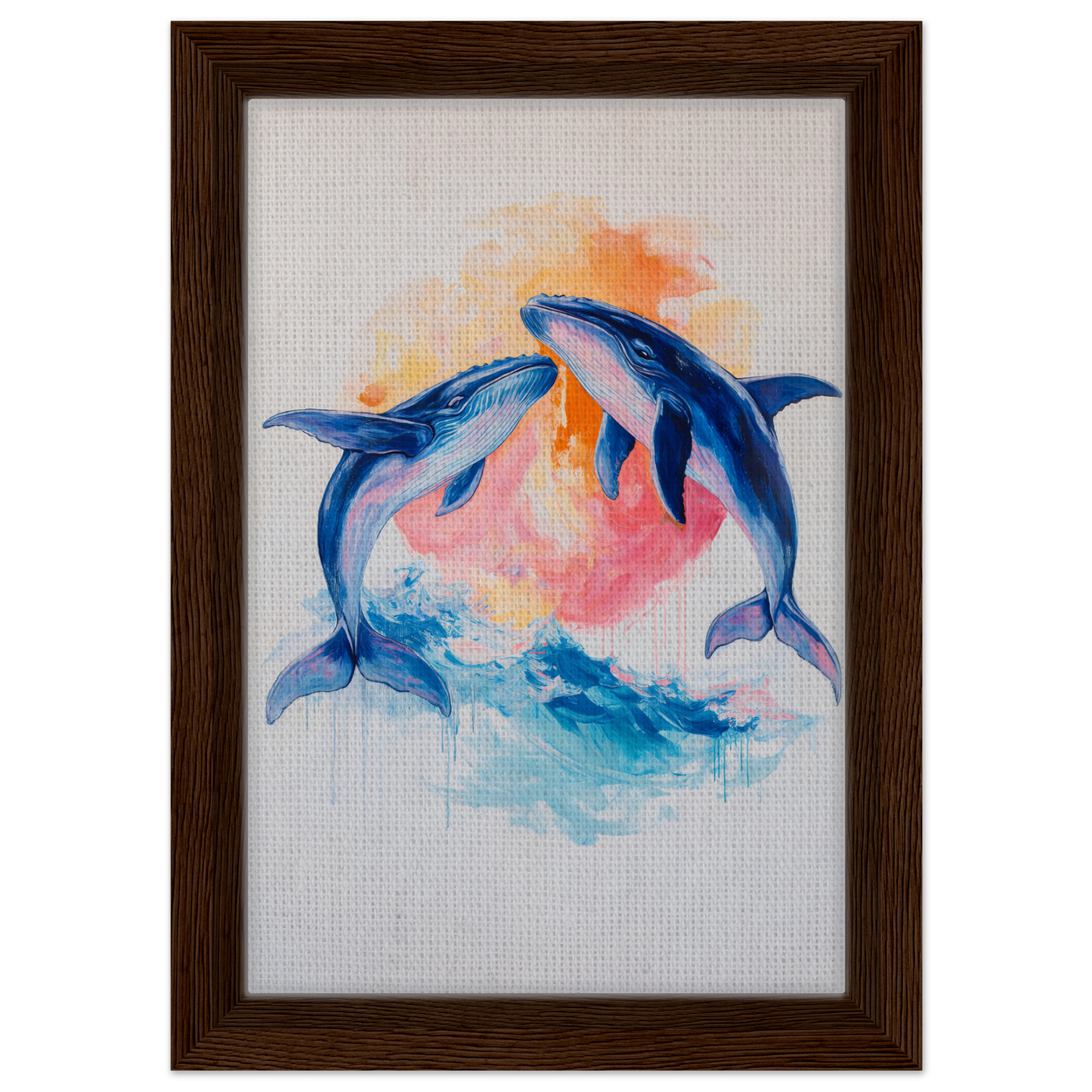 Watercolor-style painting of two blue dolphins in Oceanic Whirl Sanctuary framed canvas print