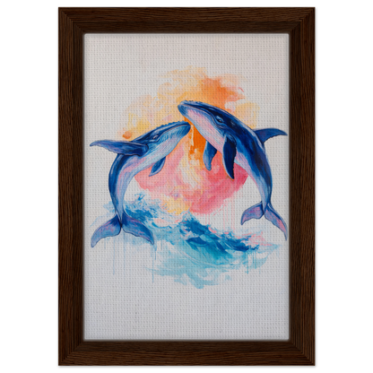 Watercolor-style painting of two blue dolphins in Oceanic Whirl Sanctuary framed canvas print