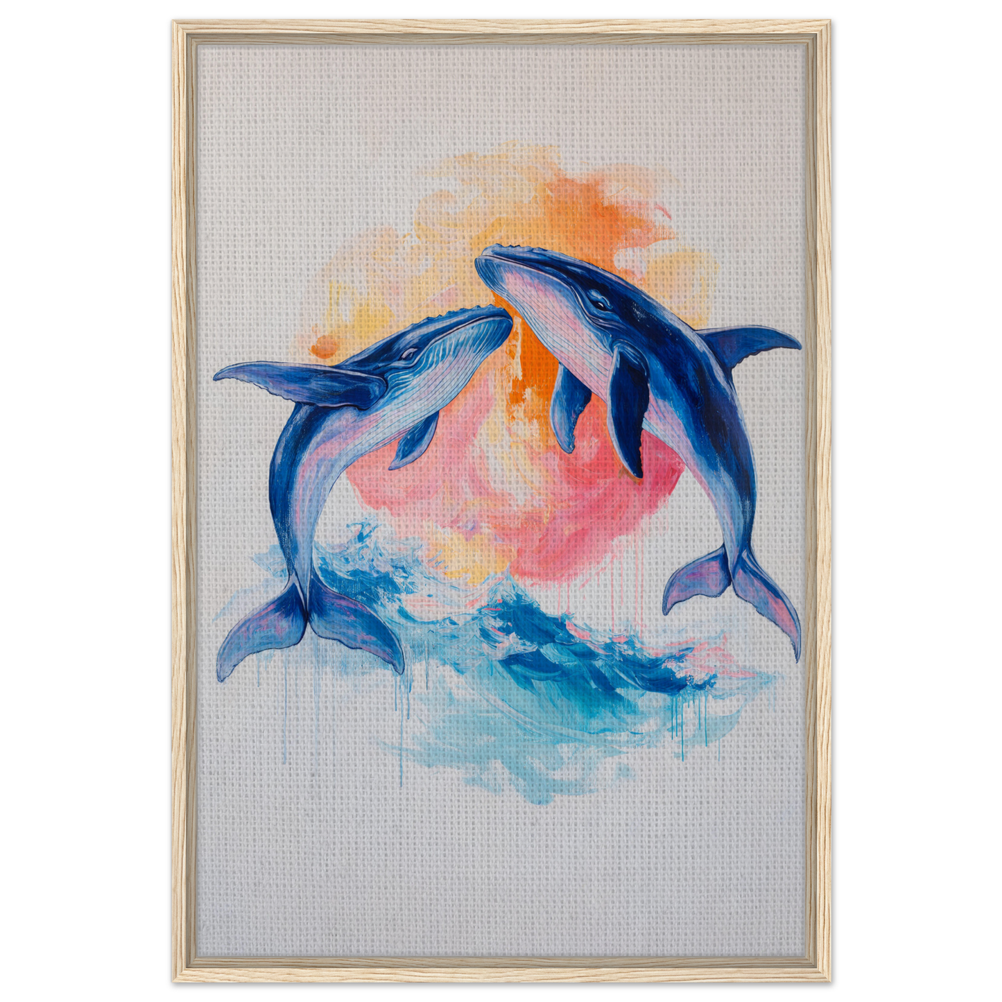 Painting of blue dolphins leaping in vibrant water, perfect for Oceanic Whirl Sanctuary decor