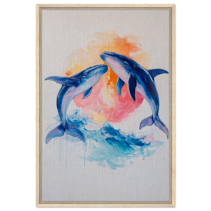 Painting of blue dolphins leaping in vibrant water, perfect for Oceanic Whirl Sanctuary decor