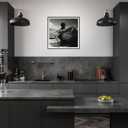 Modern dark gray kitchen featuring Ocean’s Dancer and industrial-style lighting