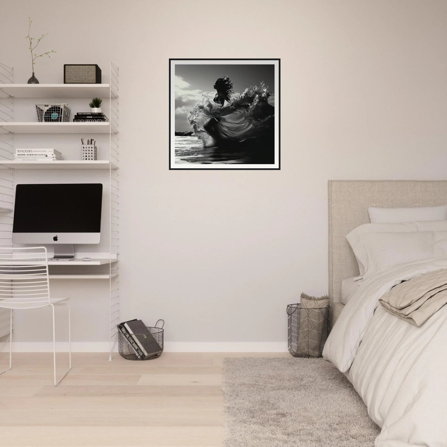 Minimalist bedroom featuring Ocean’s Dancer art, iMac workstation, and stylish shelves