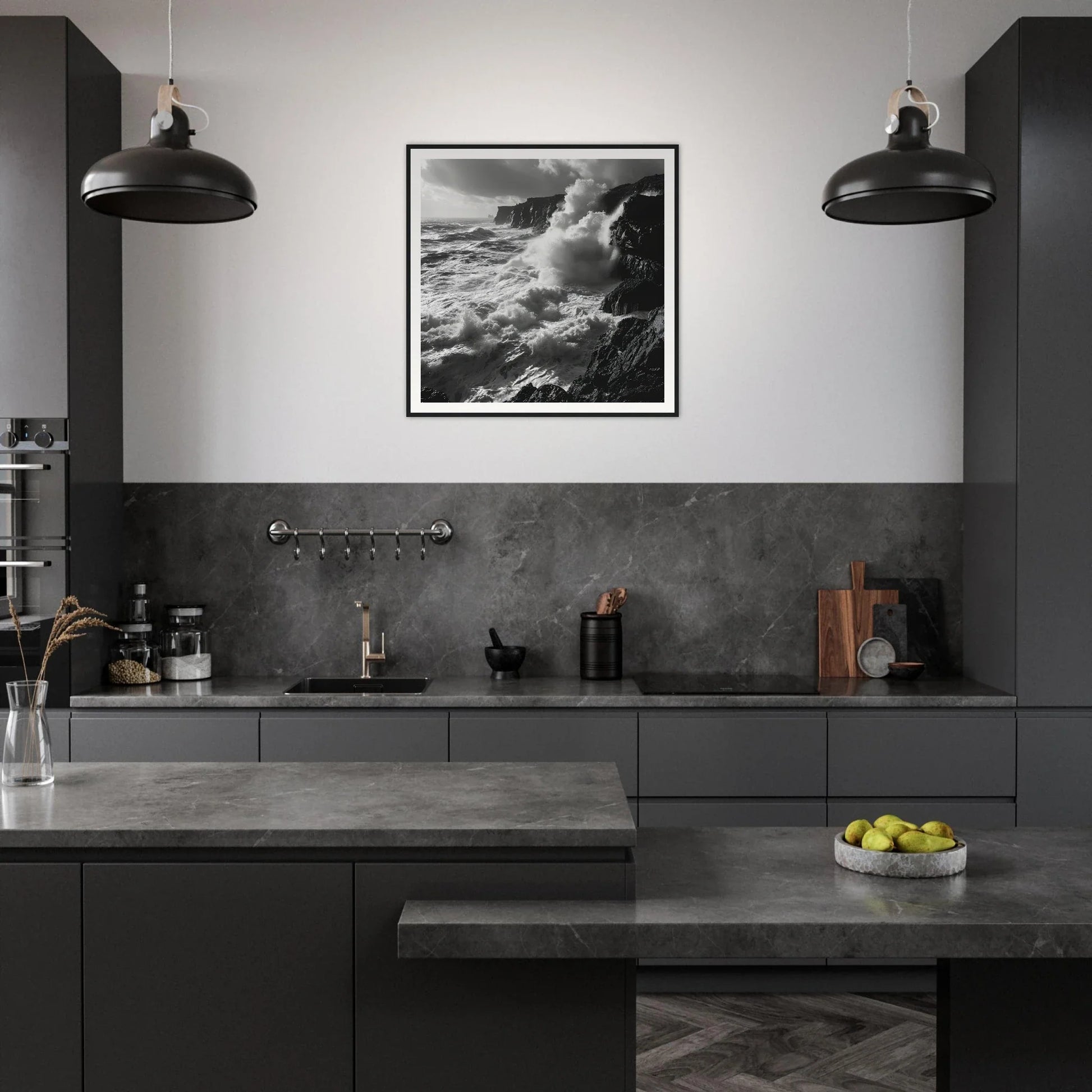 Modern dark gray kitchen featuring Ocean’s Ferocious Waltz art and industrial pendant lights