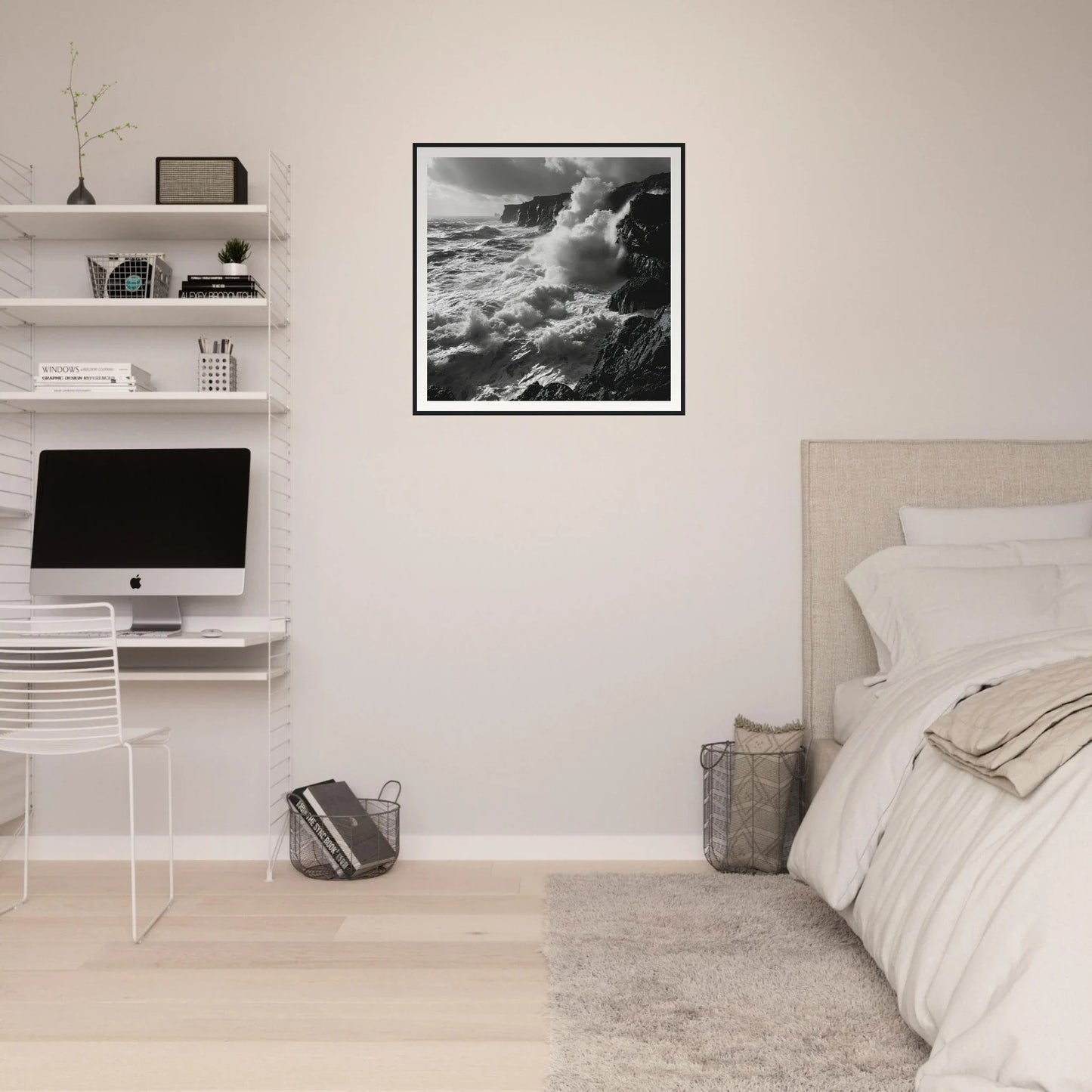 Minimalist bedroom featuring Ocean’s Ferocious Waltz artwork and an iMac workstation