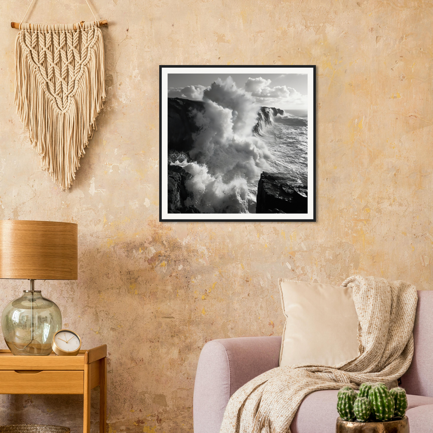 Black and white image of crashing waves against cliffs, Ocean’s Mighty Whisper artwork