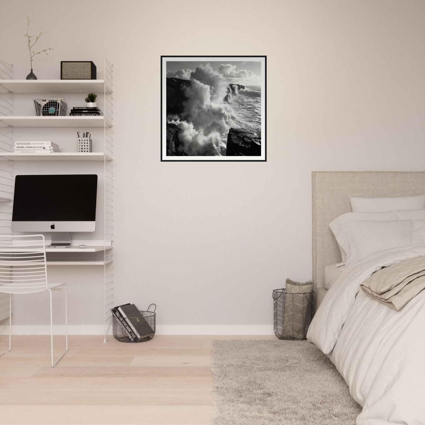 Minimalist bedroom featuring Ocean’s Mighty Whisper art, iMac workstation, and shelves