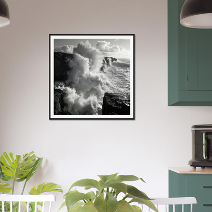 Black and white photo of ocean waves crashing on cliffs from Ocean’s Mighty Whisper