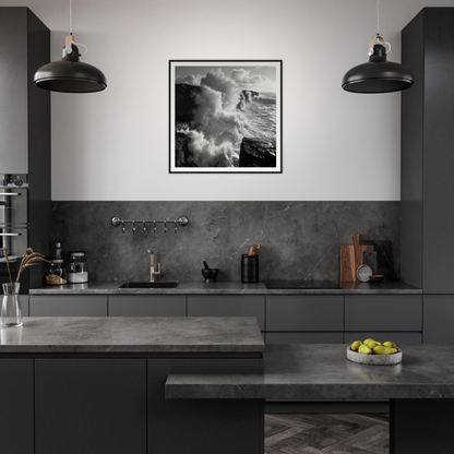 Modern dark gray kitchen featuring Ocean’s Mighty Whisper art and industrial pendant lights