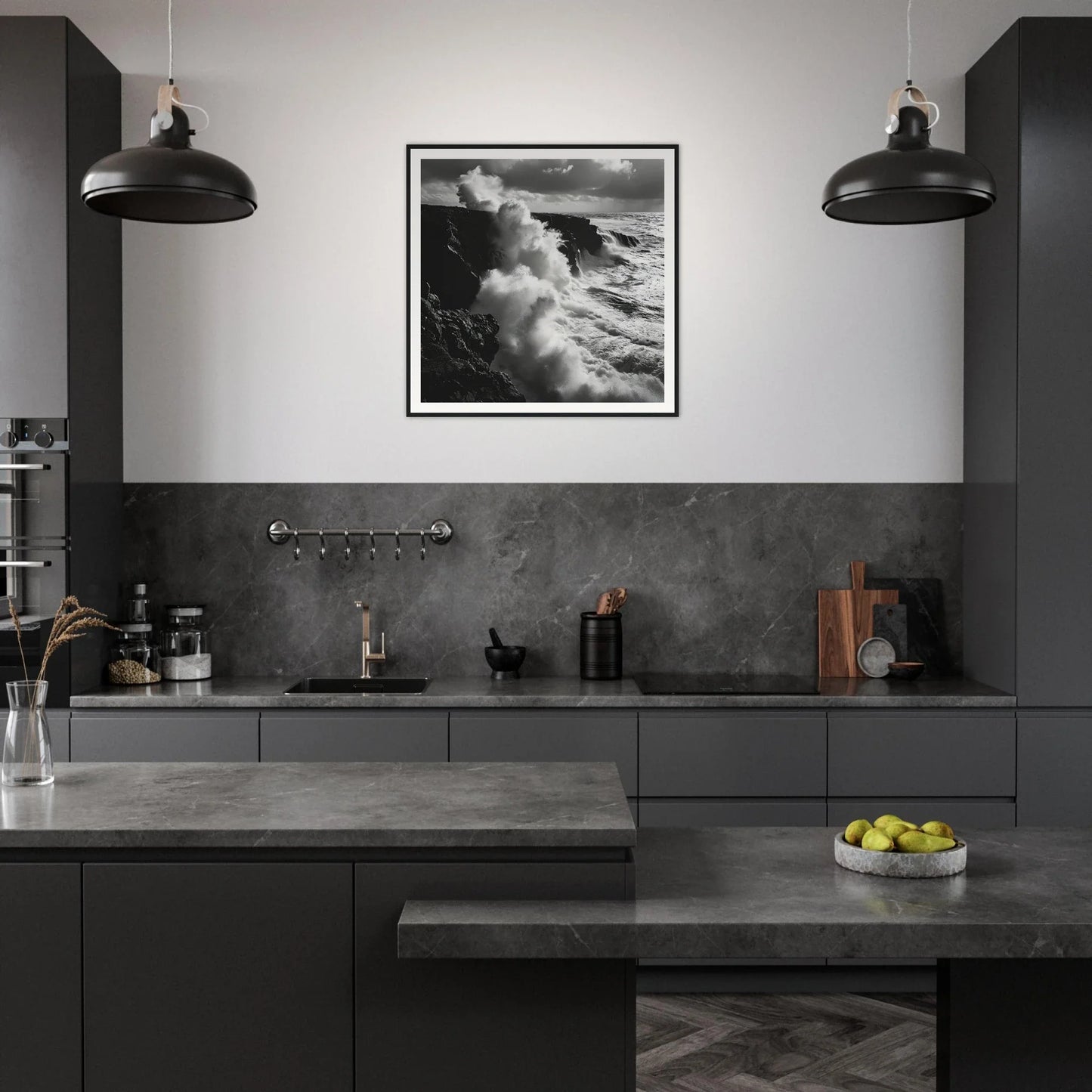 Modern dark kitchen with matte black cabinets and Ocean’s Rhapsody Reflections art