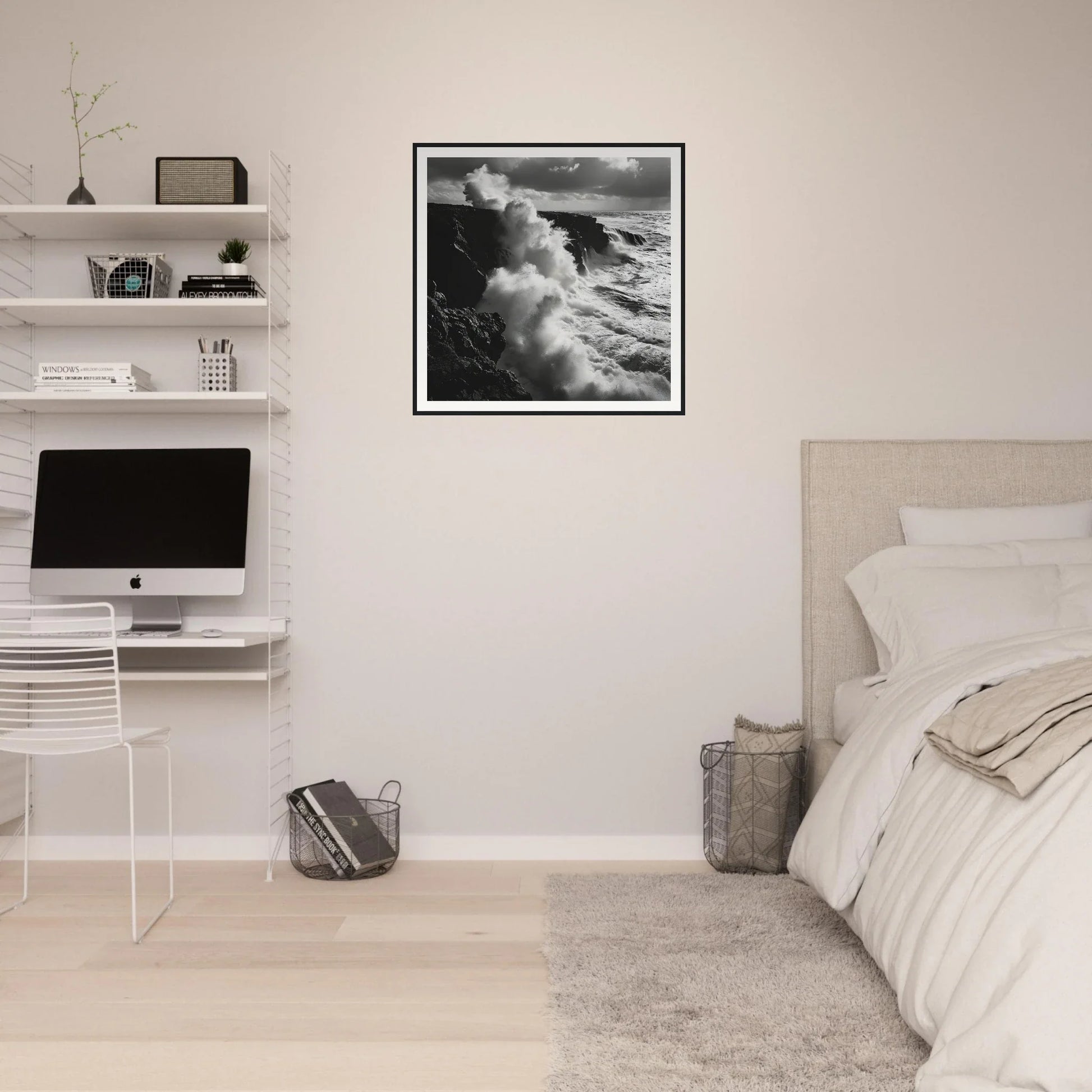 Minimalist bedroom workspace with Ocean’s Rhapsody Reflections art and clear acrylic desk