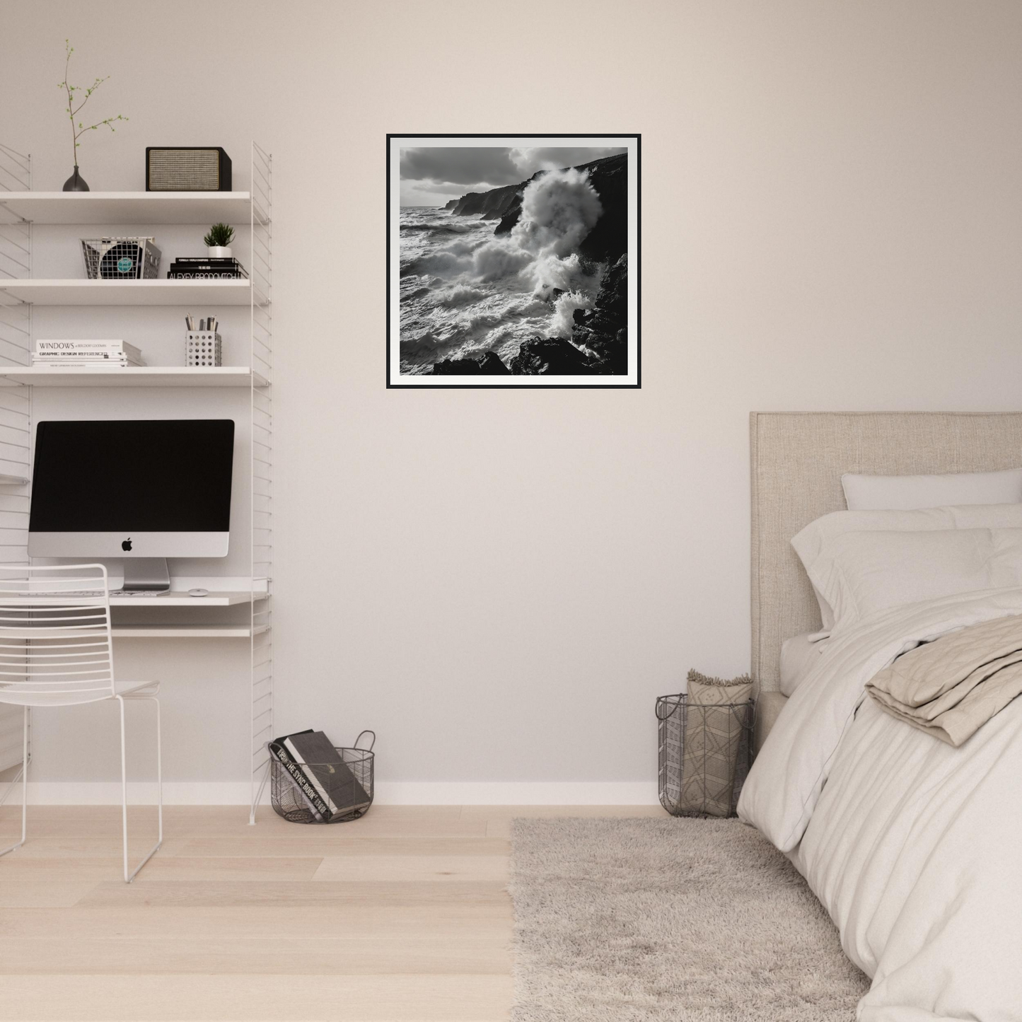 Minimalist bedroom workspace with Ocean’s Untamed Poems and durable pine wood shelves