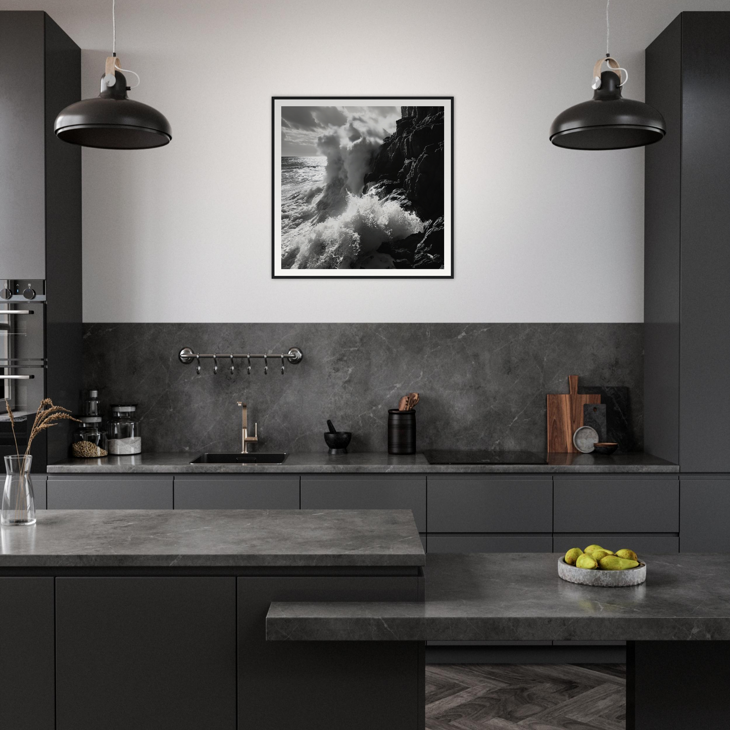 Modern dark gray kitchen featuring Ocean’s Unyielding Fury on archival museum-quality paper