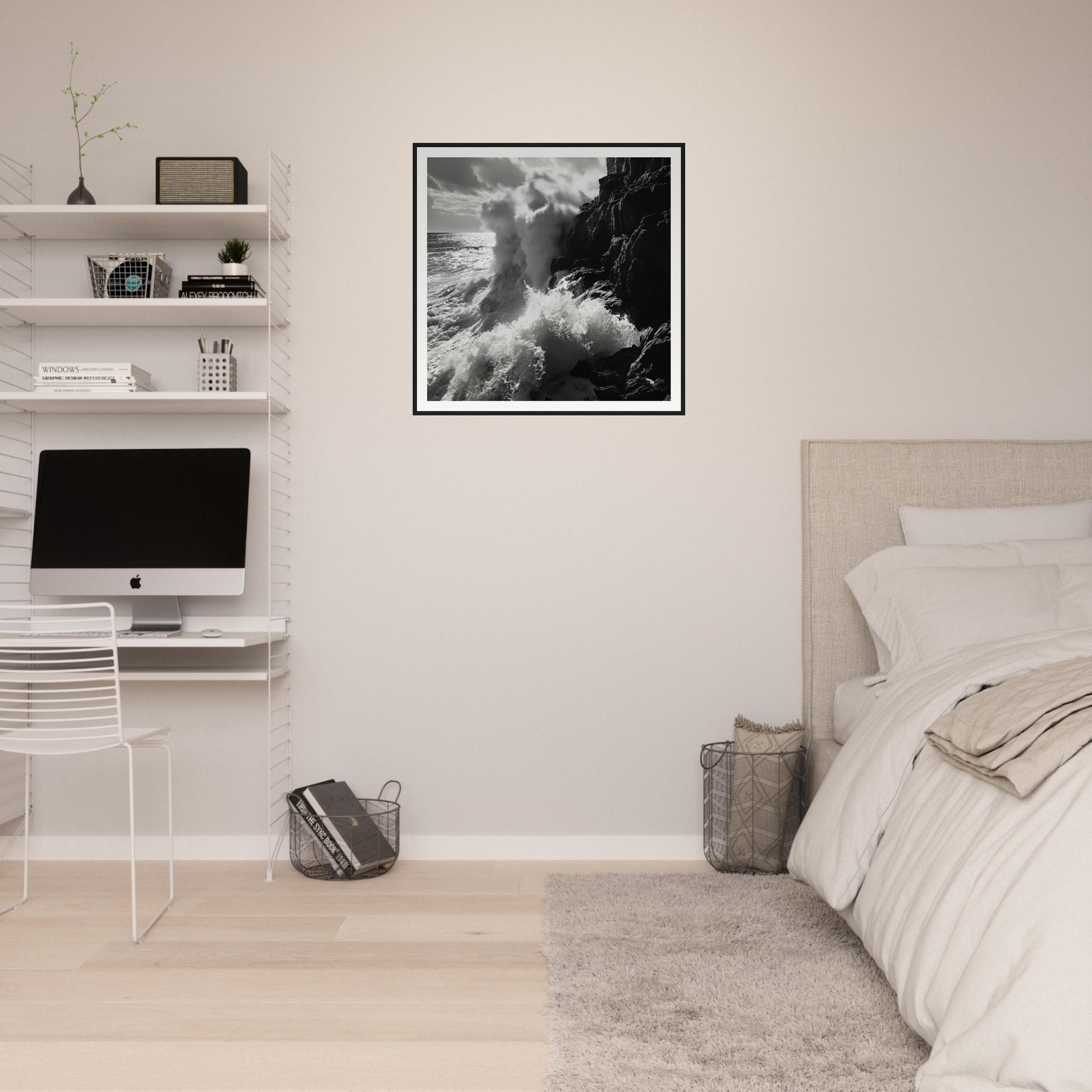 Minimalist bedroom featuring Ocean’s Unyielding Fury art on archival museum-quality paper