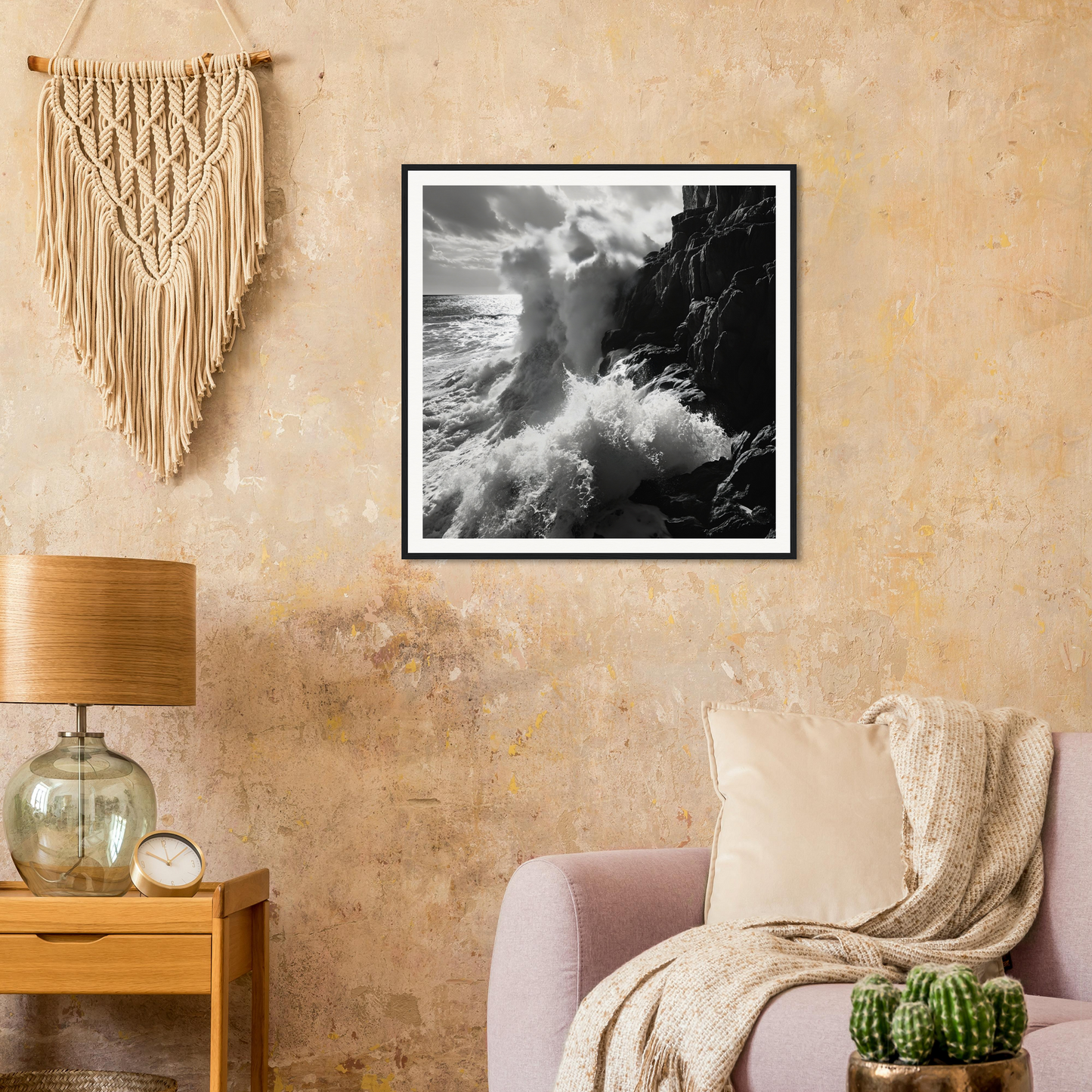 Black and white photo of crashing waves on cliffs, Ocean’s Unyielding Fury art print