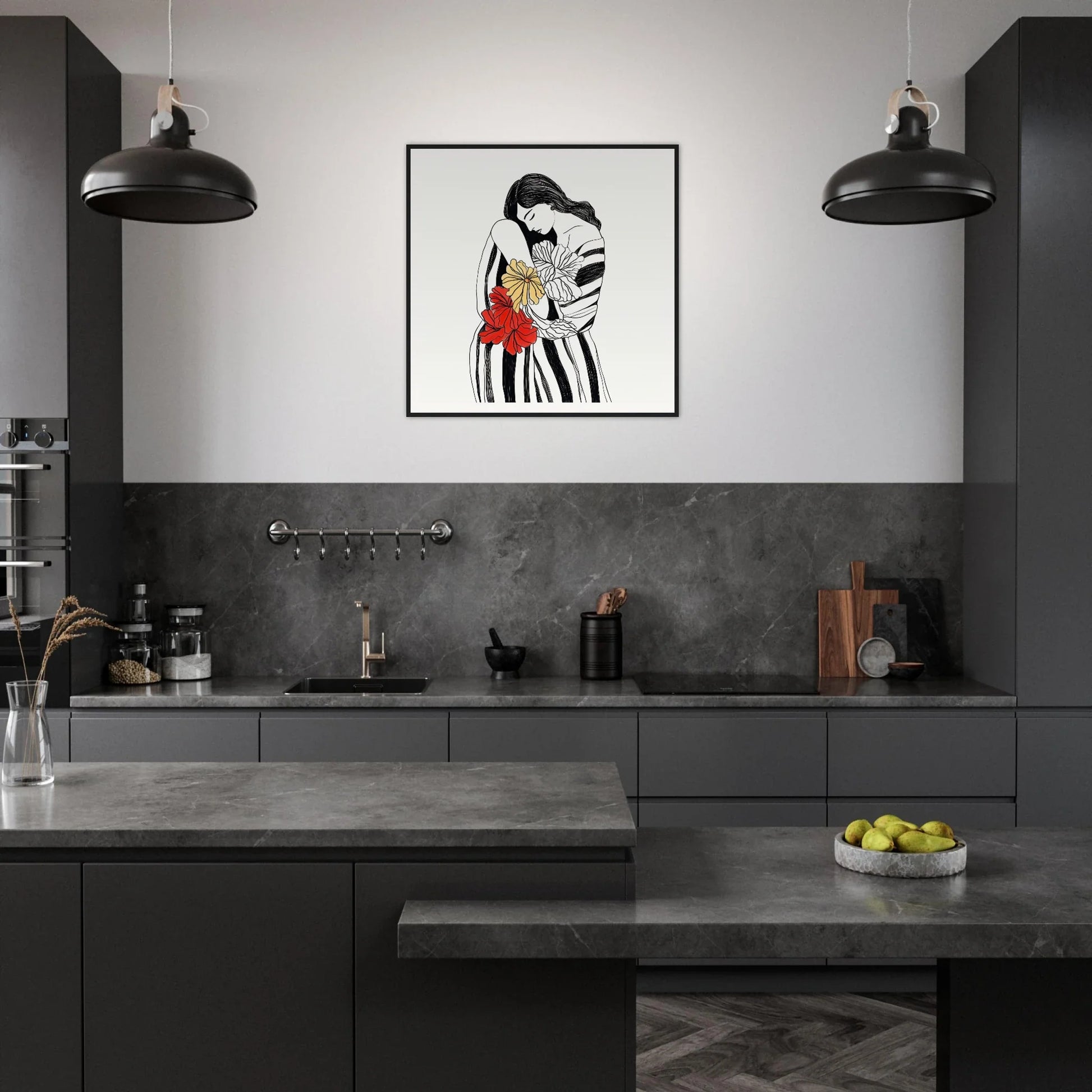 Modern dark kitchen featuring Blossom Dreamscape Odyssey art with black cabinetry