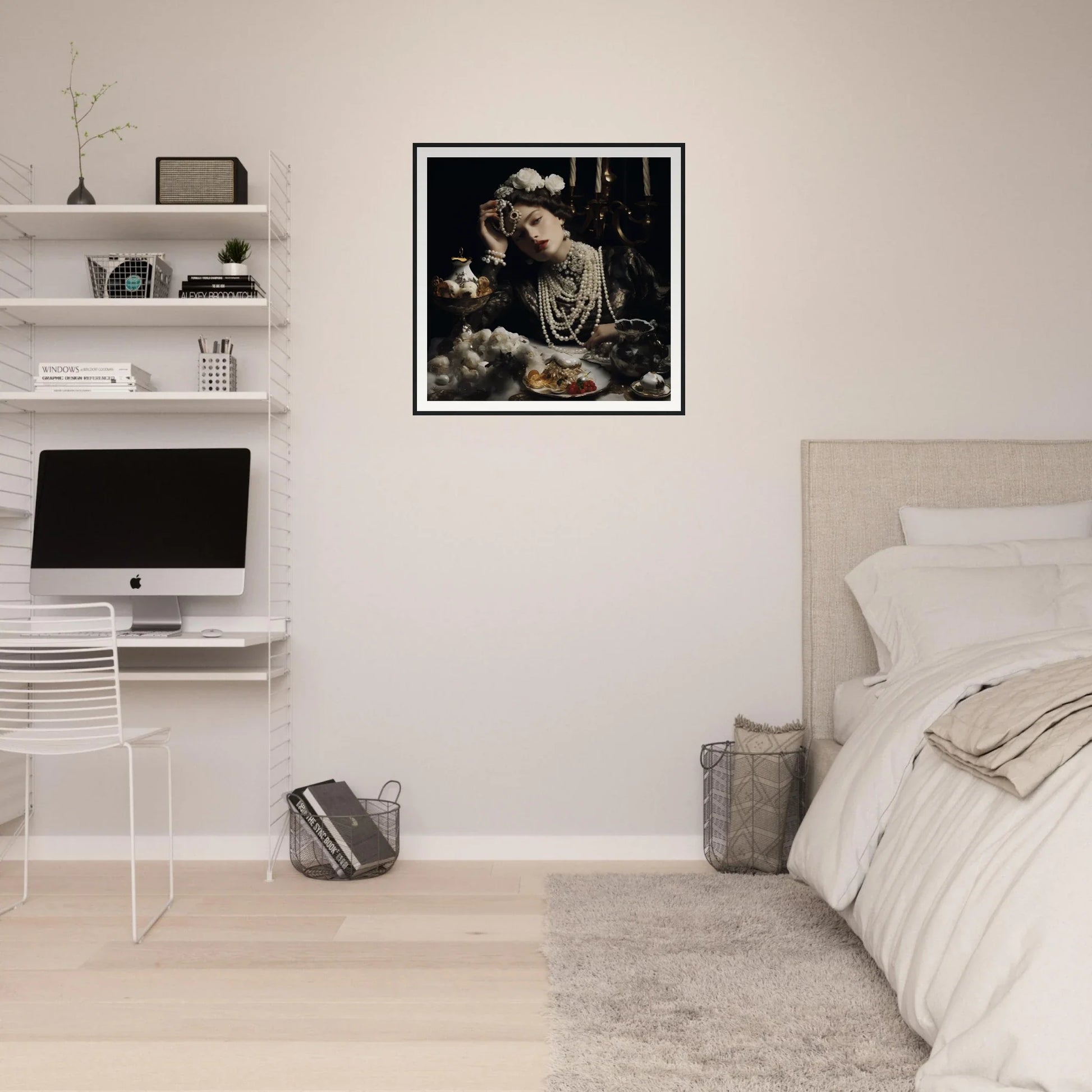 Minimalist bedroom workspace featuring Opulence’s Quiet Soul with white shelves and acrylic desk