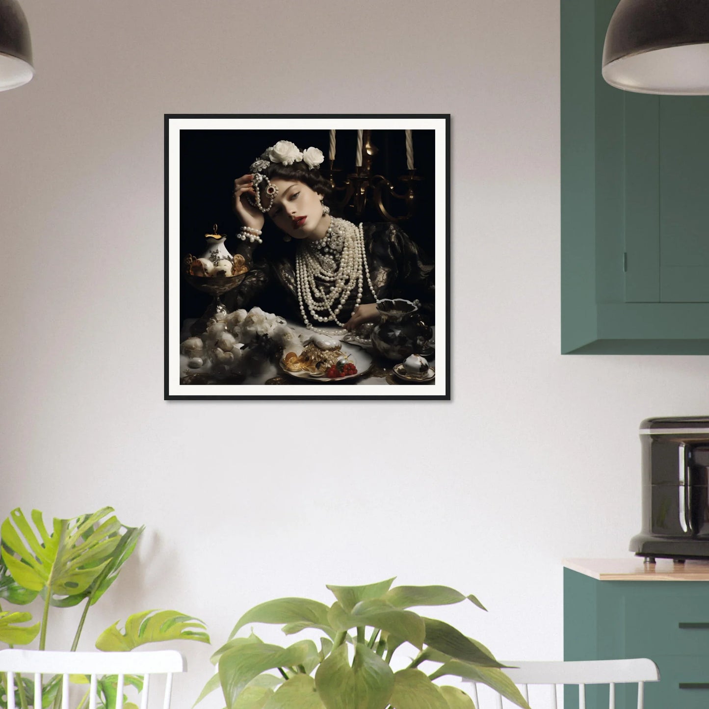 Framed dramatic photo of layered pearl necklaces and a reclined figure in Opulence’s Quiet Soul