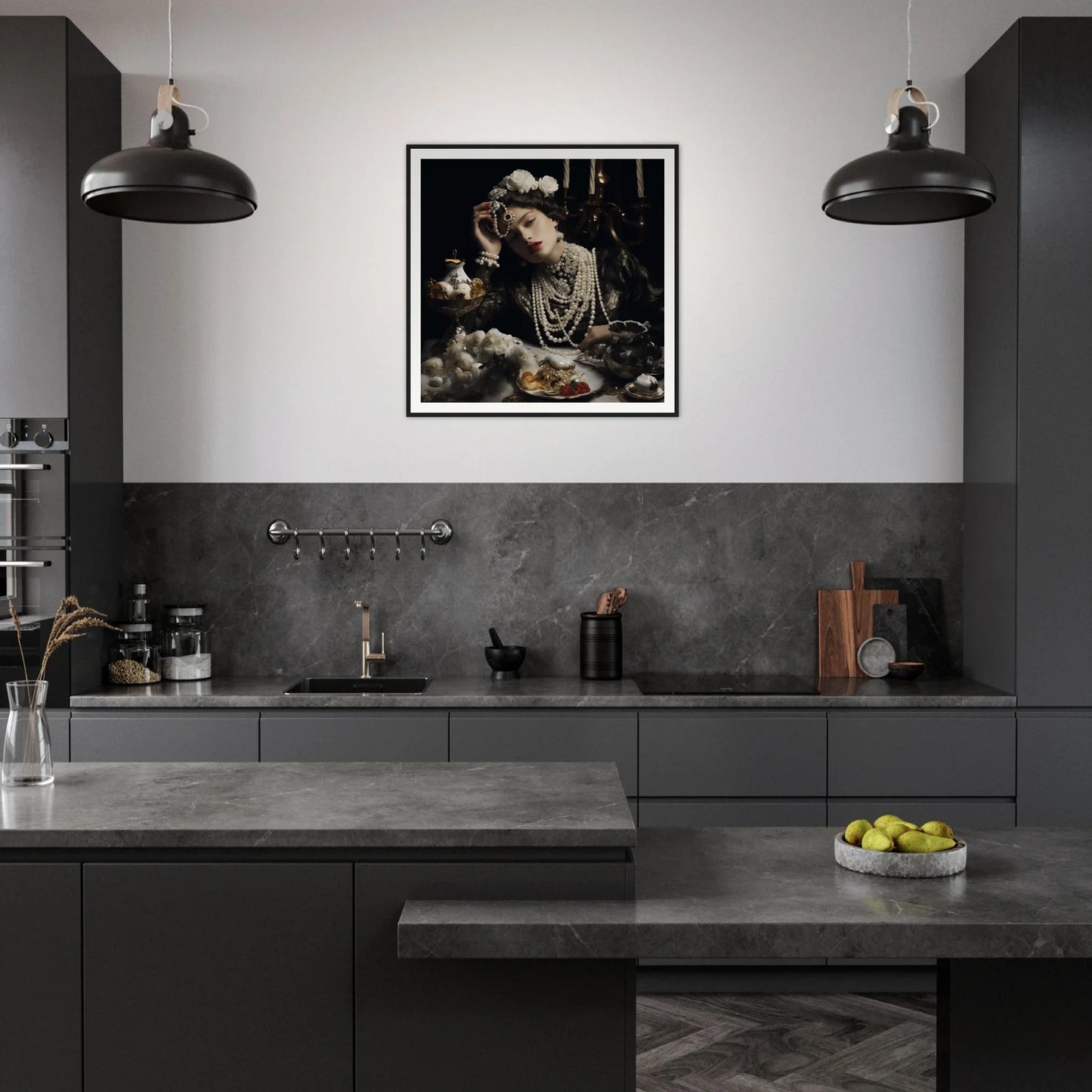 Modern dark gray kitchen featuring Opulence’s Quiet Soul and stylish industrial lights