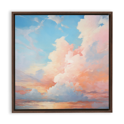 Painting of a colorful sunset sky with fluffy clouds in shades of pink, orange, and blue.