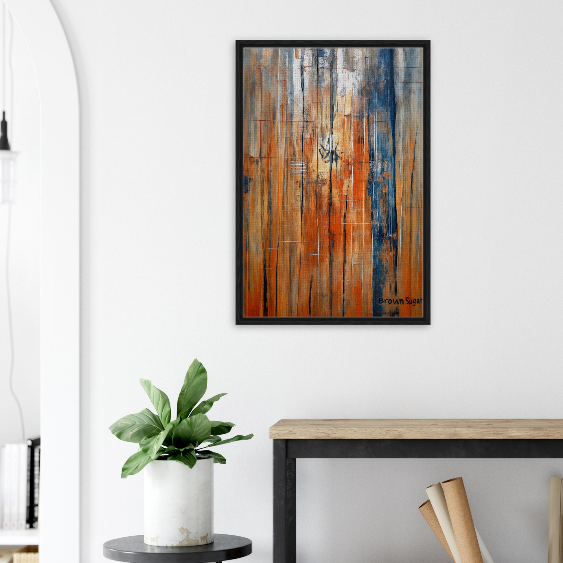 Abstract painting in orange blue spectrums with vertical streaks for stylish room decor