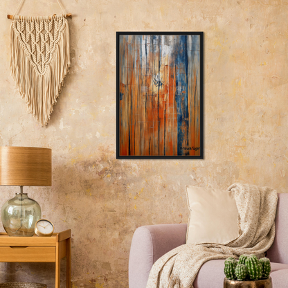 Abstract painting with orange blue spectrums in a black frame, Fashion Oracle™ framed canvas print