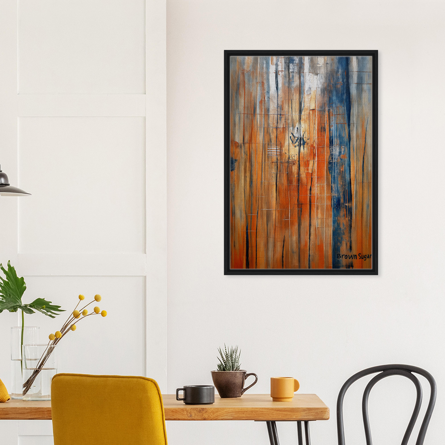 Abstract painting with vertical streaks in orange blue spectrums for stylish room decor