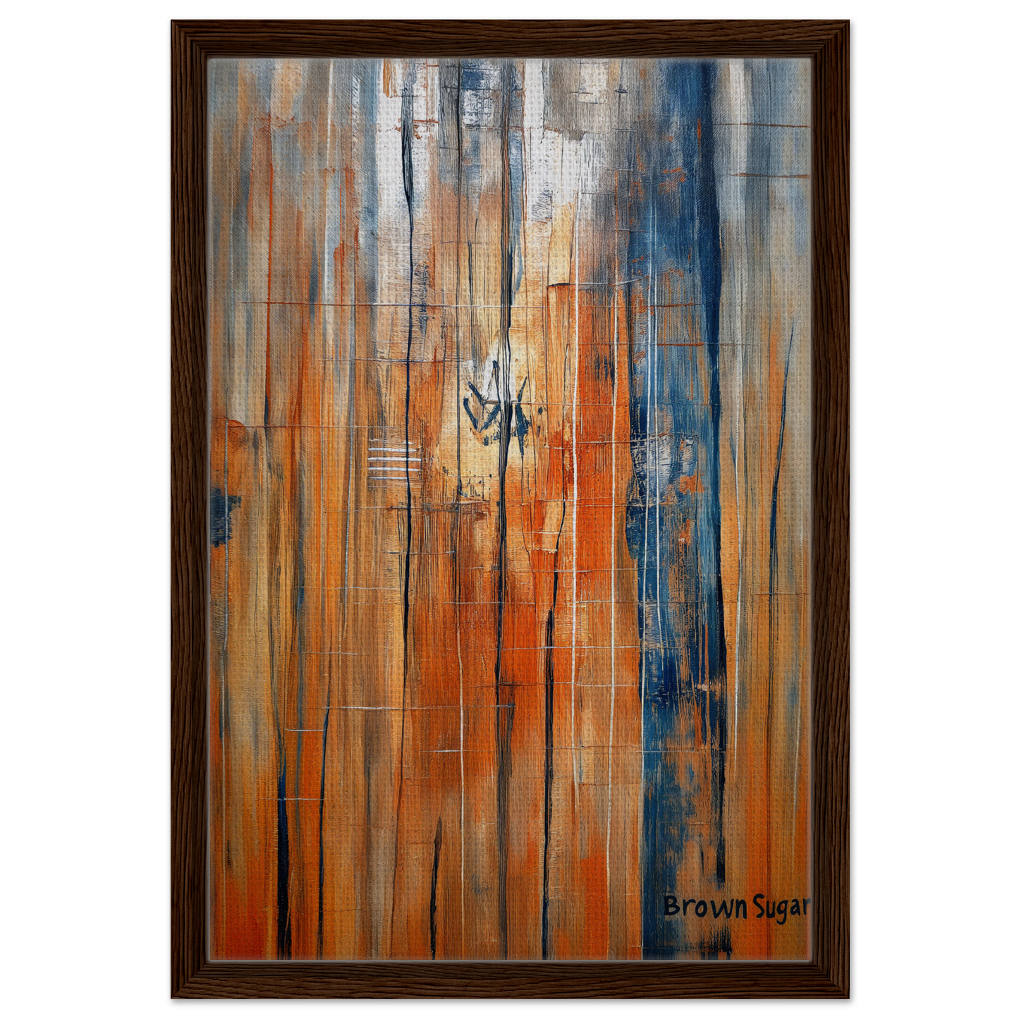 Abstract painting in orange blue spectrums, framed canvas print in brown wooden frame