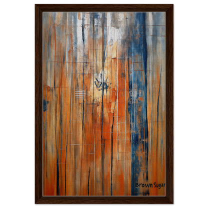 Abstract painting in orange blue spectrums, framed canvas print in brown wooden frame