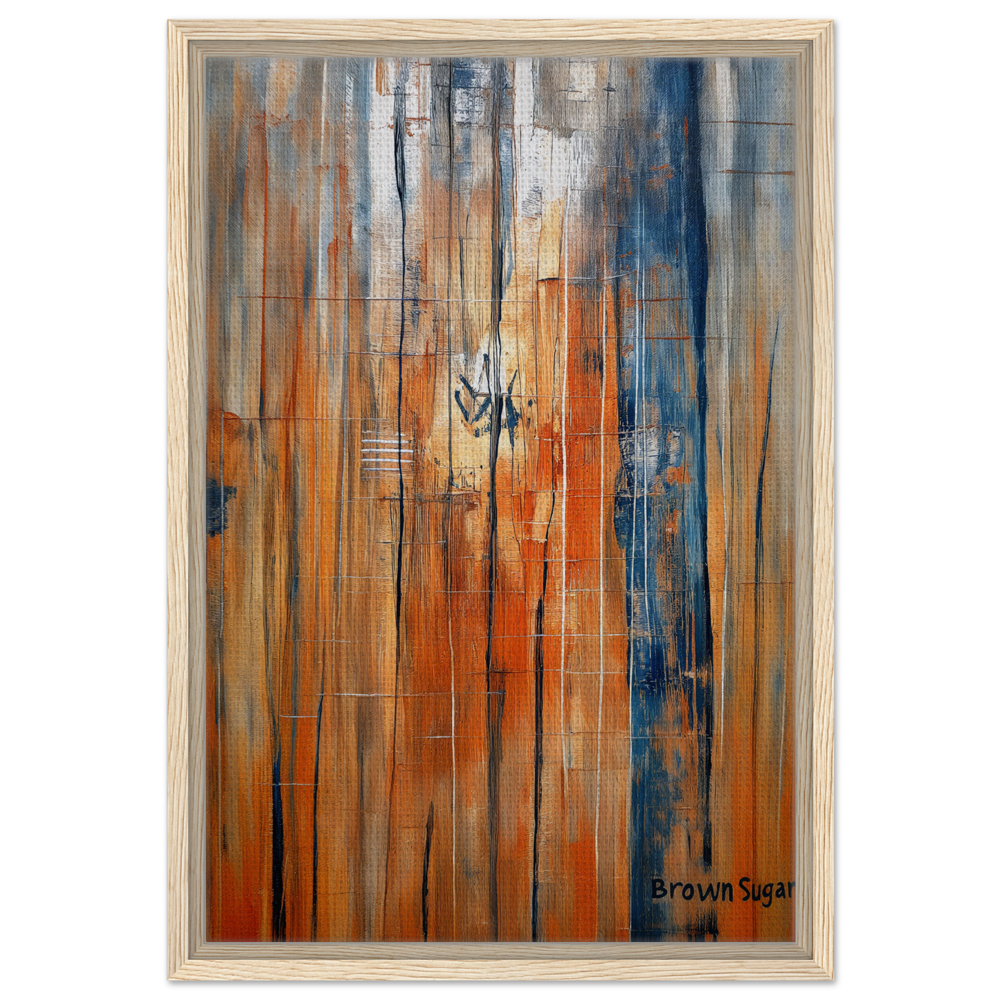 Abstract painting in orange blue spectrums with vertical streaks, framed canvas print