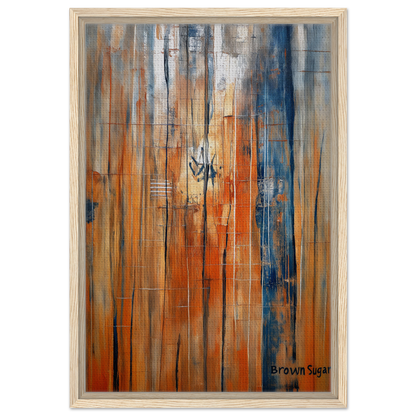 Abstract painting in orange blue spectrums with vertical streaks, framed canvas print