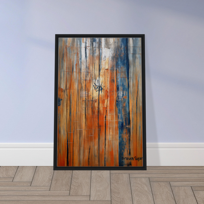 Abstract painting with orange blue spectrums in vertical streaks, framed canvas print