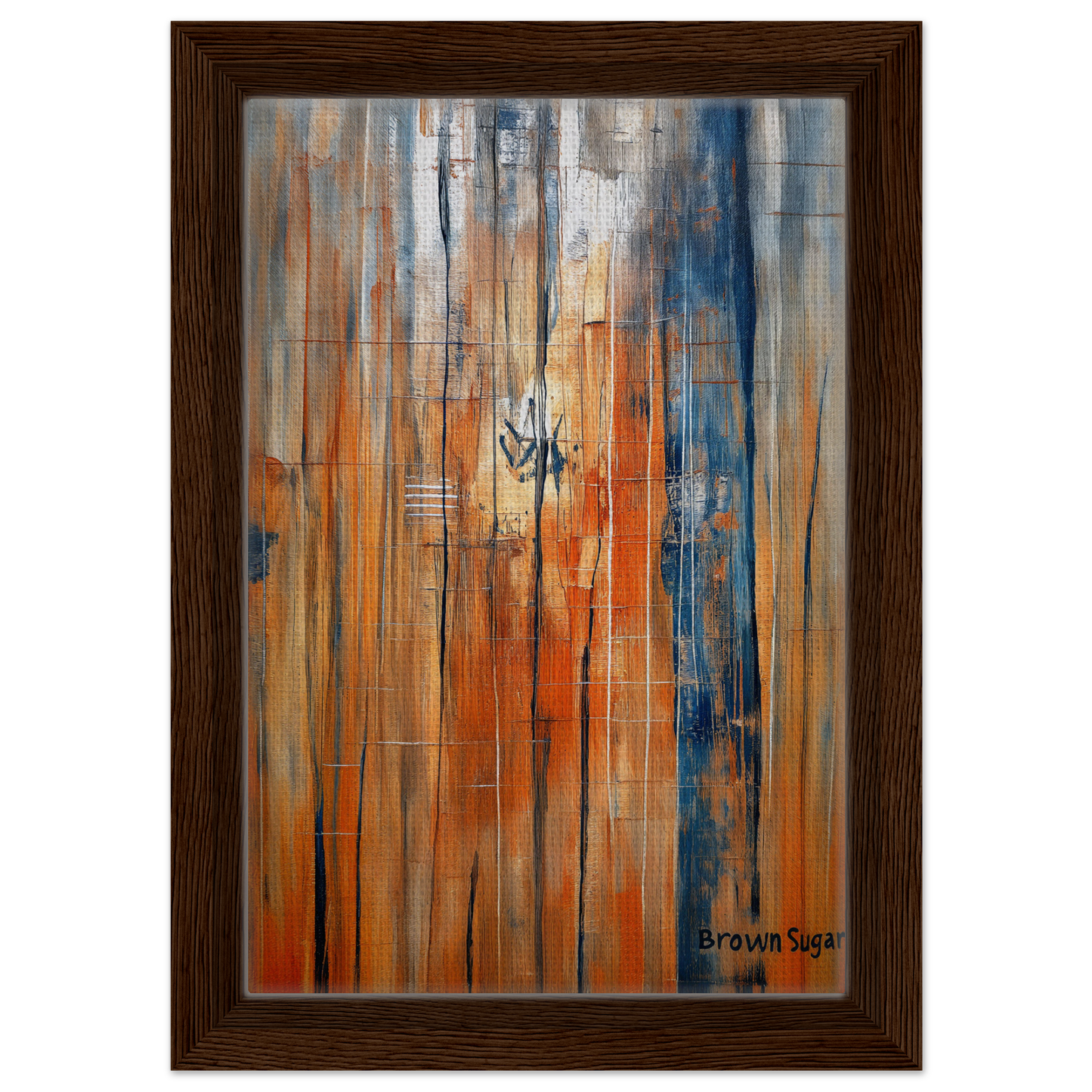 Abstract painting with orange blue spectrums in vertical streaks on framed canvas print