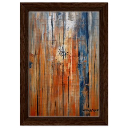 Abstract painting with orange blue spectrums in vertical streaks on framed canvas print