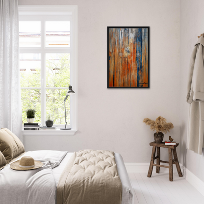 Bright abstract painting in orange blue spectrums, framed for stylish room decor