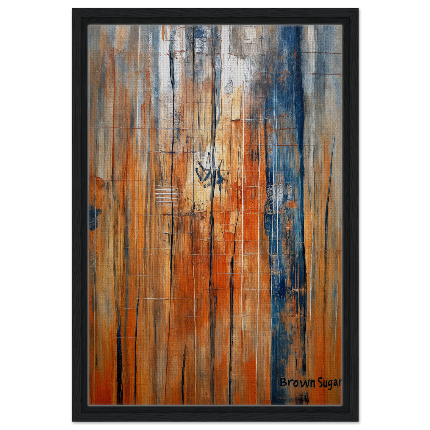 Abstract painting of orange blue spectrums with vertical streaks for modern room decor