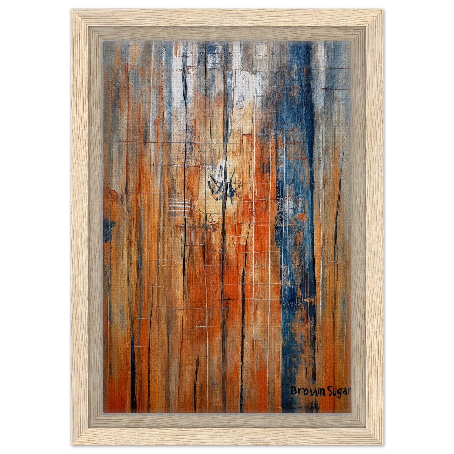 Abstract painting with vertical streaks in orange blue spectrums for stylish room decor